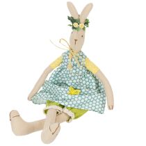 Artikel Stoffhase mit Kleidung H43cm, Naturmaterial mit blauem Punktkleid, Frühjahrsdekoration