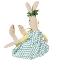Artikel Stoffhase mit Kleidung H43cm, Naturmaterial mit blauem Punktkleid, Frühjahrsdekoration