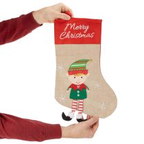 Artikel Weihnachtsstrümpfe 50 cm Stoff Rot-Beige mit Weihnachtsmann, Schneemann und Wichtel