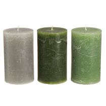 Artikel Stumpenkerzen durchgefärbt 3 Farben Grün 70×120mm 12 St