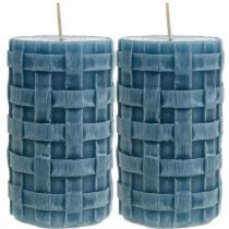 Stumpenkerzen Blau, Wachskerzen Rustic, Kerzen mit Flechtmuster 110/65 2St