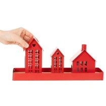 Artikel Metall-Windlicht-Set Häuser Rot mit Tablett 35 cm
