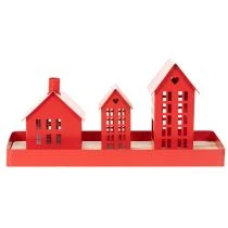 Artikel Metall-Windlicht-Set Häuser Rot mit Tablett 35 cm