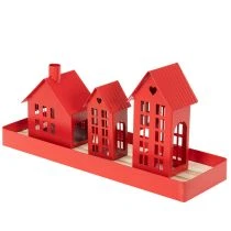 Artikel Metall-Windlicht-Set Häuser Rot mit Tablett 35 cm