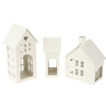 Artikel Mini Teelichthalter Häuser aus Metall, 15 cm, Weiß, 3er-Set für Indoor-Deko