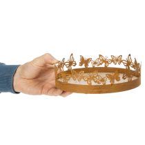 Artikel Metall-Holz-Dekotablett mit Schmetterlingen Ø20cm H6,5cm Rostoptik