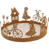 Dekotablett Mädchen mit Blume, Metalldeko mit Fahrrad Haus Pusteblume Edelrost Ø24cm H11cm