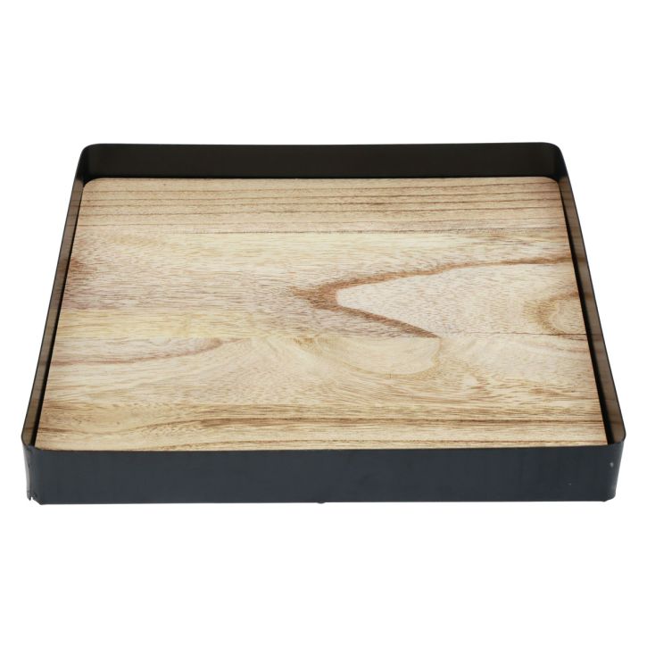 Deko Tablett Metall Holz quadratisch Natur Schwarz 25,5×25,5×4cm
