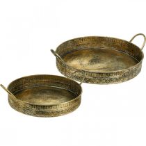 Dekoschale mit Griffen, Pflanztablett gemustert, Metallgefäß Golden, Antik-Optik B45,5/42cm Ø39,5/34cm 2er-Set
