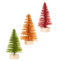 Artikel Miniatur Tannenbaum 12cm grün rot orange 6 Stück Holzsockel für Tischdeko