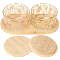 Artikel Tapas-Set Gläser mit Holzdeckel und Tablett 20×10×6,5 cm Pfirsich-Motiv