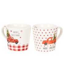 Artikel Weihnachtstasse aus Keramik mit Auto- und Tannenbaum-Motiv 10 cm Weiß-Rot 2er-Set