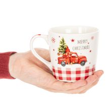 Artikel Weihnachtstasse aus Keramik mit Auto- und Tannenbaum-Motiv 10 cm Weiß-Rot 2er-Set