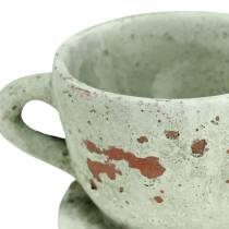 Artikel Pflanztopf Tasse mit Unterteller aus Ton, Ø8cm, H6,5cm, Grau-Natur, 4 Stück, Vintage-Look für Zuhause