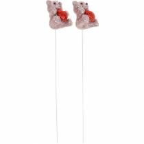 Artikel Dekostecker Bär mit Herz, Kunststoff, Glitteroptik, Altrosa/Rot, ca. 28 cm, 9 Stück