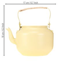 Artikel Teekanne aus Metall 17 cm cremefarben mit Griff aus Naturmaterial für Dekoration