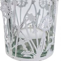 Windlicht mit Pusteblumen, Tischschmuck, Sommerdeko Shabby Chic Silbern, Weiß H10cm Ø8,5cm
