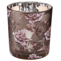 Artikel Teelichtglas aus Glas Braun Silber mit Pfingstrosenmuster Ø7cm H8cm 4 Stück
