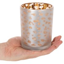 Artikel Teelichthalter Glas 12 cm mit Leopardenmuster Silber und Gold