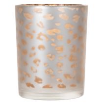 Artikel Teelichthalter Glas 12 cm mit Leopardenmuster Silber und Gold