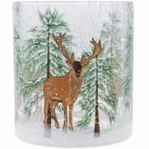 Artikel Teelichthalter Glas mit Crackle-Effekt und Winterwaldmotiv, H13cm, Ø11,5cm