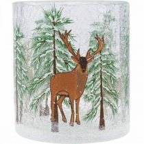 Artikel Teelichthalter Glas Crackle-Effekt mit Winterwald-Motiv H10cm