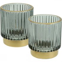 Windlicht Glas Geriffelt Teelichthalter Gold/Grau H8cm 2St