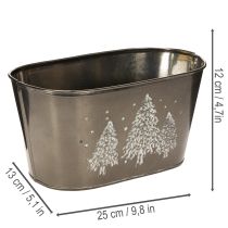 Artikel Übertopf oval aus Zink 25 cm geprägt mit Tannenbaum-Motiv silber