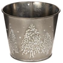 Artikel Metall Übertopf mit Glitzer-Tannenmotiv 13cm Silber