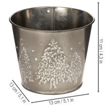 Artikel Metall Übertopf mit Glitzer-Tannenmotiv 13cm Silber