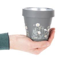 Artikel Blumentopf aus Metall mit Gänseblümchen-Motiv, Grau, 11 cm, 4er-Set
