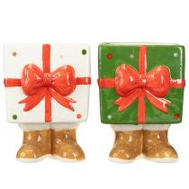 Artikel Keramik-Übertopf in Geschenkbox-Design mit Füßen, 12 cm, Grün oder Weiß