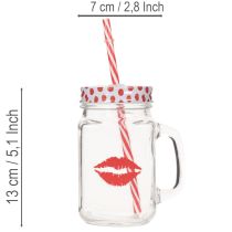 Artikel Trinkglas aus Glas mit Henkel, Deckel und Strohhalm, 7x13,5 cm, rot-weiß gepunktet
