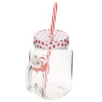 Artikel Trinkglas aus Glas mit Henkel, Deckel und Strohhalm, 7x13,5 cm, rot-weiß gepunktet