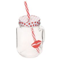 Artikel Trinkglas aus Glas mit Henkel, Deckel und Strohhalm, 7x13,5 cm, rot-weiß gepunktet