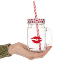 Artikel Trinkglas aus Glas mit Henkel, Deckel und Strohhalm, 7x13,5 cm, rot-weiß gepunktet