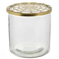 Vase mit Metalldeckel, Steckhilfe, Glasvase mit Steckaufsatz, Tischdeko H15cm Ø15cm