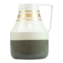 Artikel Metallvase mit Henkel Ø17cm H23cm, Creme-Grau-Gold, Vintage-Stil