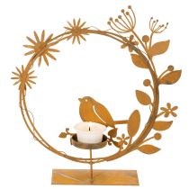 Artikel Teelichthalter aus Metall mit Vogel und Blumenmotiv in Rostoptik 24×27×6cm