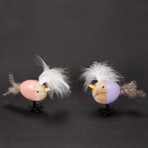 Artikel Deko-Vogel aus Holz mit Federn 10cm, Rosa und Lila, Set für Tischdekoration