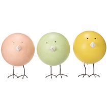 Artikel Deko-Küken aus Holz und Metall, 12 cm, 3er-Set, pastellgelb, rosa und grün, für Frühling und Ostern