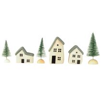 Artikel Weihnachtsdorf aus Holz mit weißen Häusern und grünen Tannen, 5–8 cm, 6-teiliges Set