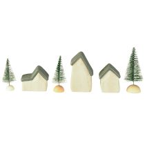 Artikel Weihnachtsdorf Holz Häuser Tannen Grünweiß 5-8cm 6er-Set