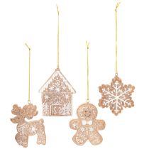 Artikel Weihnachtsanhänger aus Kunststoff in Honigkuchen-Optik, 4-teilig, 7 cm, Rentier, Lebkuchenmann, Schneeflocke, Häuschen