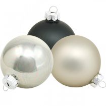 Artikel Baumkugel, Christbaumschmuck, Weihnachtskugel Schwarz/Silbern/Perlmutt H8,5cm Ø7,5cm Echtglas 12St