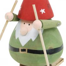 Artikel Wichtelfigur aus Holz auf Ski, H13cm, Grün-Rot