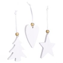 Artikel Weihnachtsschmuck Holz Weiß Gold Stern Baum Herz Anhänger 6er Set 6,5-7cm
