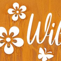 Artikel Willkommensschild Metall Edelrost 40x15 cm Rostbraun mit Blumen und Schmetterlingen