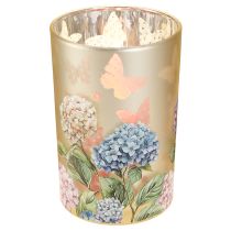 Artikel Teelichthalter Glas 18cm mit Blütenmotiv und verspiegelter Oberfläche