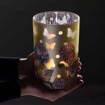 Artikel Teelichthalter Glas 18cm mit Blütenmotiv und verspiegelter Oberfläche
